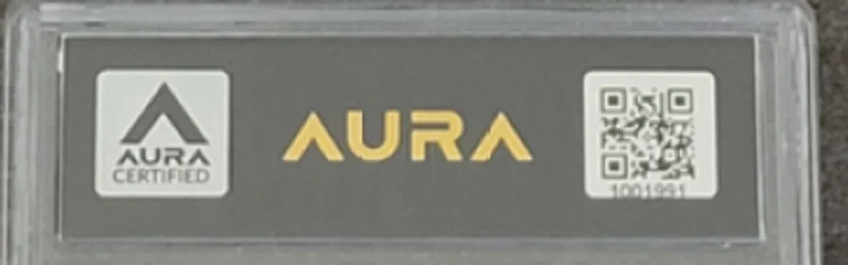 Close view of the back label on a Aura Grading slab