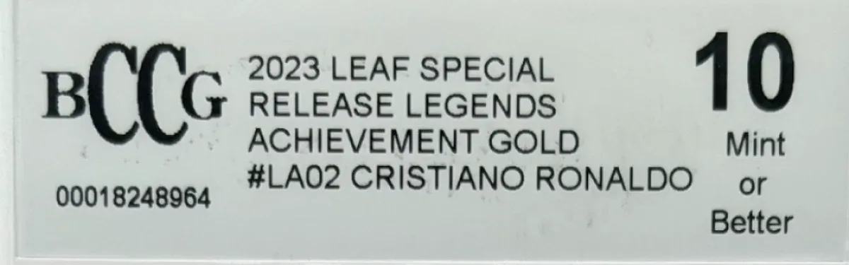 Close view of the front label on a BCCG (Beckett Collectors Club Grading) slab