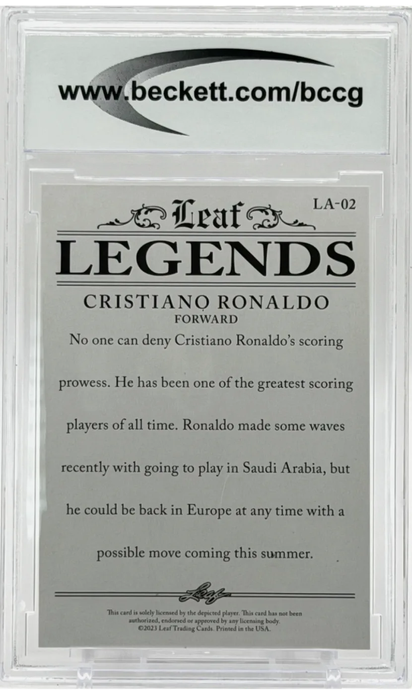Example of a BCCG (Beckett Collectors Club Grading) graded slab, back