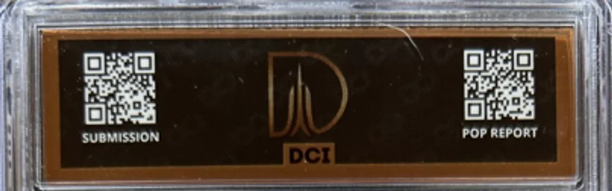 Close view of the back label on a DCI Grading (Dallas Card Investors) slab
