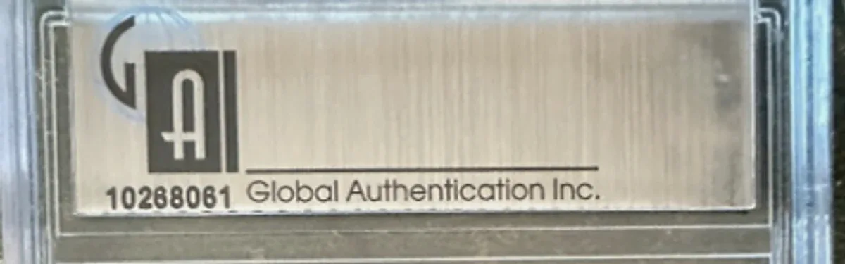 Close view of the back label on a GAI (Global Authentication Inc.) slab