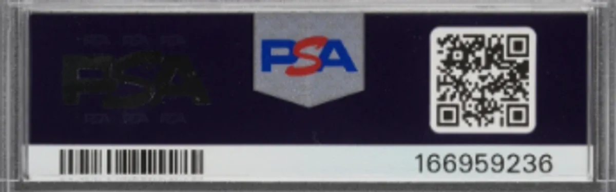 Close view of the back label on a PSA (Professional Sports Authenticator) slab