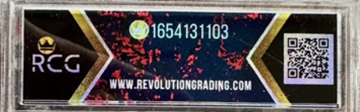 Close view of the back label on a RCG (Revolution Card Grading) slab