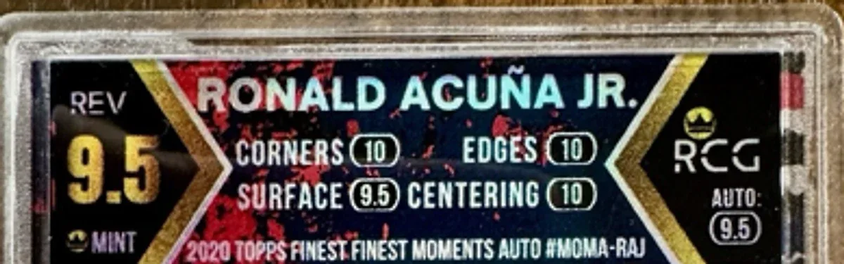 Close view of the front label on a RCG (Revolution Card Grading) slab