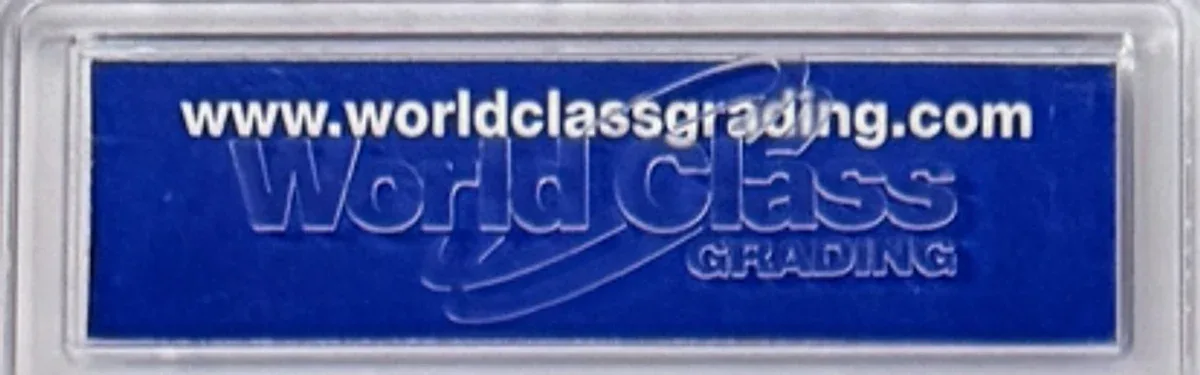 Close view of the back label on a WCG (World Class Grading) slab