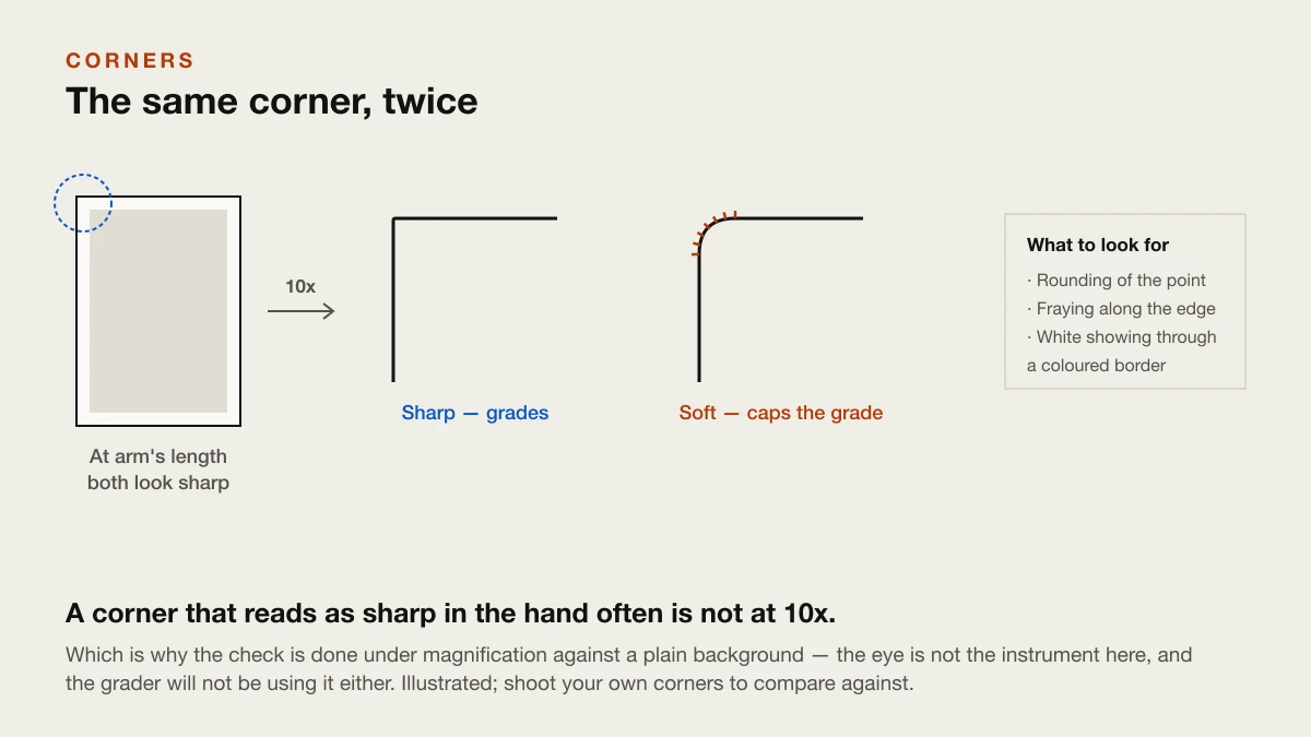 Placeholder: a sharp corner beside a soft one at magnification
