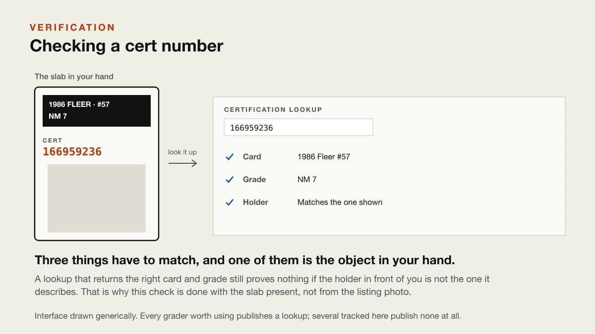 Placeholder: a cert number on a label and the grader's lookup returning the same card