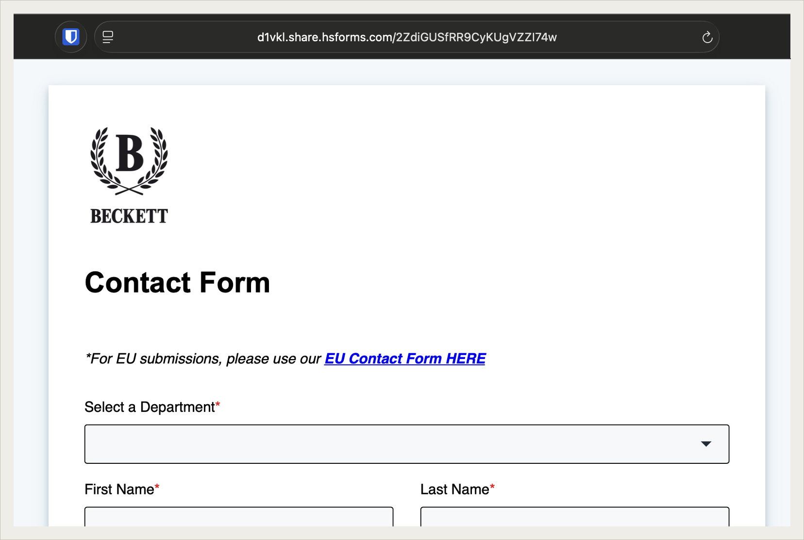 Beckett's contact form hosted on d1vkl.share.hsforms.com, a HubSpot domain
