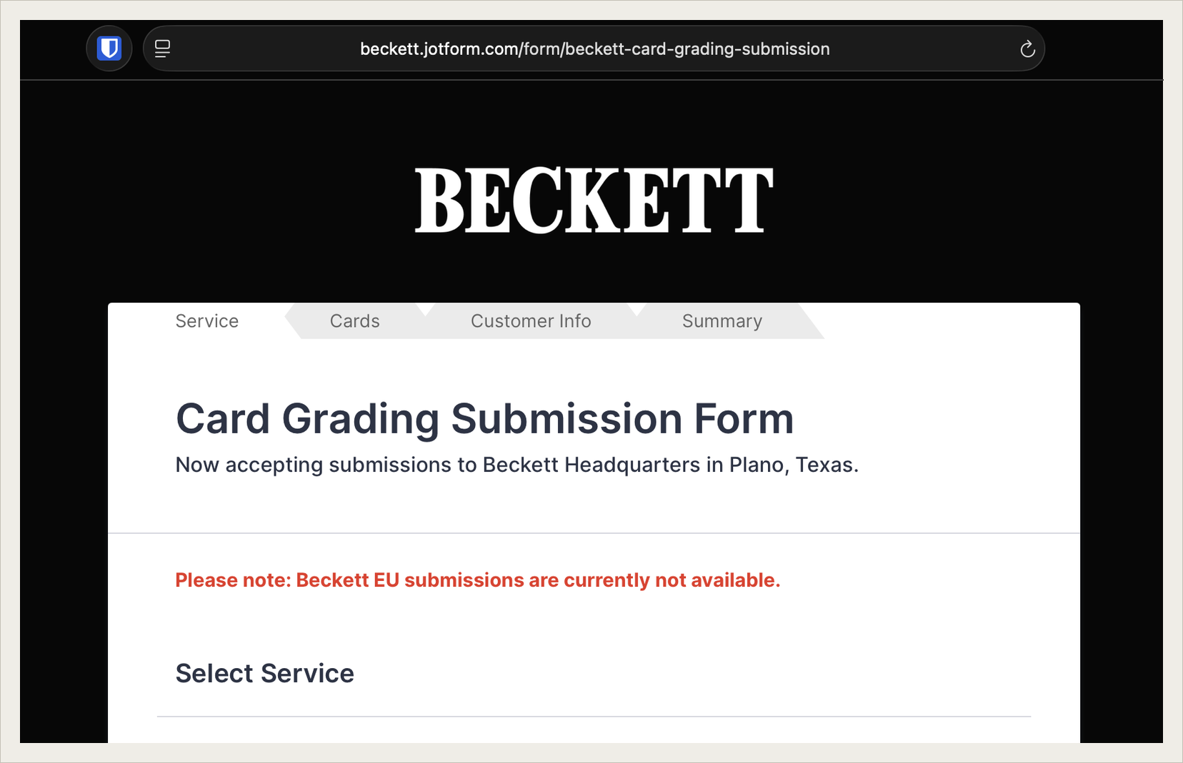 The Beckett card grading submission form hosted on beckett.jotform.com